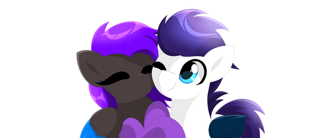 Size: 640x270 | Tagged: safe, artist:enviaart, derpibooru import, oc, oc:luminous breeze, oc:megalou, unofficial characters only, black coat, blue eyes, clothes, commission, couple, folded wings, image, looking at you, one eye closed, png, purple mane, purple tail, rearing, simple background, socks, tail, transparent background, white coat, wings, wink, winking at you