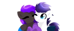 Size: 640x270 | Tagged: safe, artist:enviaart, derpibooru import, oc, oc:luminous breeze, oc:megalou, unofficial characters only, black coat, blue eyes, clothes, commission, couple, folded wings, image, looking at you, one eye closed, png, purple mane, purple tail, rearing, simple background, socks, tail, transparent background, white coat, wings, wink, winking at you