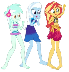 Size: 4236x4406 | Tagged: safe, artist:gmaplay, derpibooru import, lyra heartstrings, sunset shimmer, trixie, equestria girls, equestria girls series, i'm on a yacht, spoiler:eqg series (season 2), clothes, image, lyra heartstrings swimsuit, png, simple background, swimsuit, transparent background
