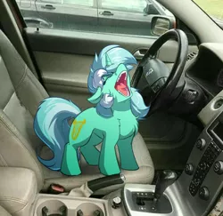 Size: 4000x3885 | Tagged: safe, artist:witchtaunter, derpibooru import, lyra heartstrings, pony, unicorn, aaaaaaaaaa, car, chest fluff, ear fluff, faic, female, floppy ears, image, irl, l.u.l.s., mare, meme, photo, png, ponies in real life, ponified animal photo, ponified meme, screaming, solo, standing, teeth, yelling