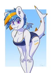 Size: 2480x3508 | Tagged: safe, artist:dandy, derpibooru import, oc, oc:gulfstream, unofficial characters only, anthro, original species, shark, shark pony, bat wings, breasts, cleavage, clothes, ear piercing, female, hands on knees, high res, image, leaning forward, looking at you, one-piece swimsuit, piercing, png, shark pony oc, sharp teeth, smiling, smiling at you, solo, swimsuit, teeth, wings