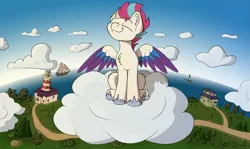 Size: 2629x1564 | Tagged: safe, artist:agent-diego, derpibooru import, zipp storm, pegasus, pony, adorazipp, cloud, cute, eyes closed, female, g5, image, lighthouse, mare, on a cloud, png, sky, smiling, spread wings, wings