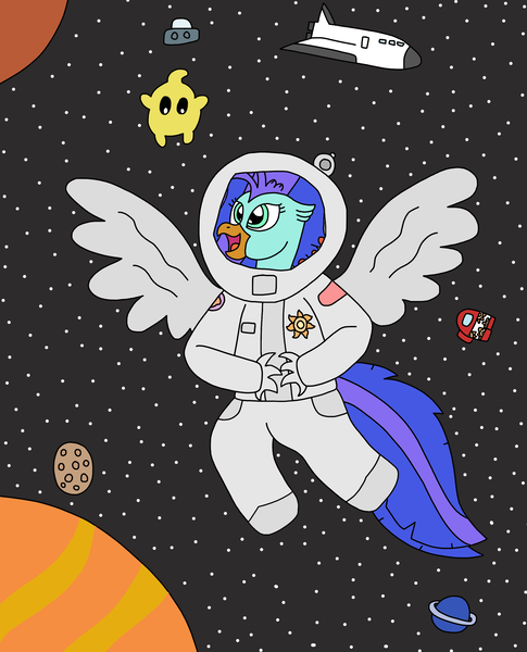 Size: 2448x3030 | Tagged: safe, artist:supahdonarudo, derpibooru import, oc, oc:sea lilly, unofficial characters only, classical hippogriff, hippogriff, among us, image, luma, moon, newbie artist training grounds, planet, png, space, space shuttle, spacesuit, stars, super mario bros., ufo