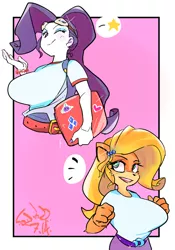 Size: 1400x2000 | Tagged: suggestive, artist:sozglitch, derpibooru import, rarity, anthro, human, equestria girls, big breasts, breasts, busty rarity, clothes swap, coco bandicoot, crash bandicoot, crossover, duo, duo female, female, huge breasts, image, jpeg, looking at you, one eye closed, open mouth, open smile, smiling, wink, winking at you
