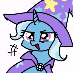 Size: 768x768 | Tagged: safe, artist:namaenonaipony, derpibooru import, trixie, pony, unicorn, brooch, bust, cape, clothes, female, hat, horn, image, jewelry, jpeg, mare, open mouth, simple background, solo, trixie's brooch, trixie's cape, trixie's hat, white background