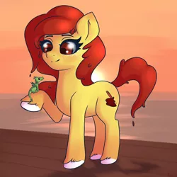 Size: 3000x3000 | Tagged: safe, artist:plaguemare, derpibooru import, oc, oc:shoveldafries, unofficial characters only, dragon, earth pony, pony, baby, baby dragon, female, image, mare, png, smiling, sunset