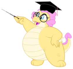 Size: 1280x1215 | Tagged: safe, artist:aleximusprime, derpibooru import, oc, oc:buttercream, oc:buttercream the dragon, dragon, flurry heart's story, belly, big belly, chubby, cute, dragoness, female, glasses, graduation cap, hand on hip, hat, heart shaped, image, plump, png, pointer, teacher