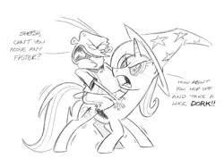 Size: 1025x729 | Tagged: safe, artist:mellodillo, derpibooru import, trixie, human, pony, unicorn, angry, crossover, dialogue, duo, ed edd n eddy, eddy, female, grayscale, humans riding ponies, image, kathleen barr, looking at each other, looking at someone, male, mare, monochrome, png, riding, simple background, sketch, voice actor joke, white background, wobbling