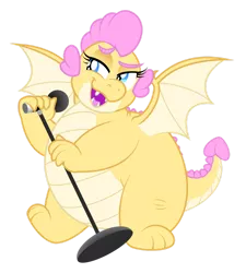 Size: 1280x1425 | Tagged: safe, artist:aleximusprime, derpibooru import, oc, oc:buttercream, oc:buttercream the dragon, dragon, flurry heart's story, bedroom eyes, belly, big belly, chubby, cute, dragon oc, dragoness, female, flirting, heart shaped, image, microphone, microphone stand, non-pony oc, plump, png, singing, solo, spread wings, wings