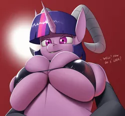 Size: 1779x1650 | Tagged: suggestive, artist:creatiffy, derpibooru import, twilight sparkle, anthro, succubus, unicorn, bedroom eyes, big breasts, bikini, bikini top, breast overpour, breast squish, breasts, busty twilight sparkle, clothes, dialogue, digital art, evening gloves, female, gloves, horn, horns, huge breasts, image, long gloves, looking at you, looking down, looking down at you, low angle, png, pose, simple background, skimpy outfit, solo, solo female, swimsuit, talking to viewer, text, unicorn twilight