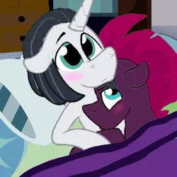 Size: 4096x4096 | Tagged: safe, artist:decokenite, artist:katnekobase, derpibooru import, chancellor neighsay, fizzlepop berrytwist, tempest shadow, pony, unicorn, base used, bed, bedroom eyes, bedroom ponies, bedtime, blanket, blushing, female, hug, hugging a pony, image, looking at something, male, pillow, png, shipping, stallion, straight, sweat, tempest neighsay