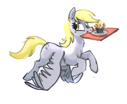 Size: 1739x1429 | Tagged: safe, artist:alumx, derpibooru import, derpy hooves, pegasus, pony, cafeteria tray, cute, derpabetes, female, flapping, flying, food, image, mare, mouth hold, muffin, png, simple background, smiling, solo, spread wings, transparent background, tray, wings