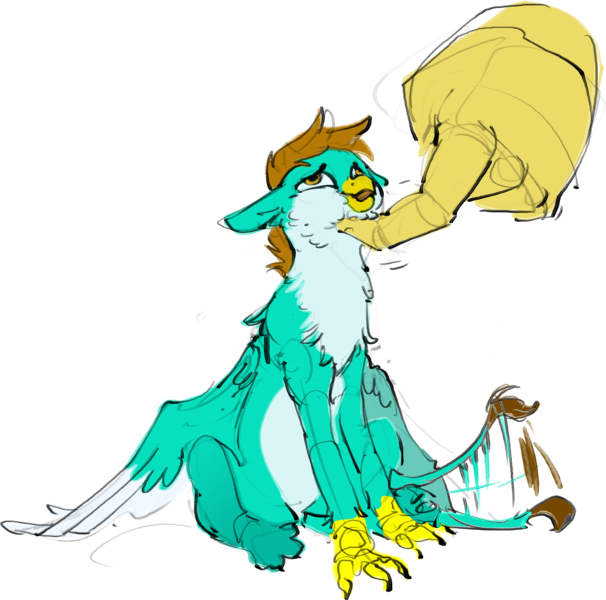 Size: 3351x3317 | Tagged: safe, artist:alumx, derpibooru import, oc, unofficial characters only, gryphon, chest fluff, chin scratch, disembodied hand, griffon oc, hand, image, macro/micro, png, simple background, sitting, tail, tail wag, transparent background