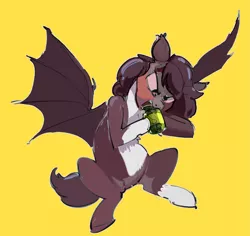Size: 2735x2584 | Tagged: safe, artist:alumx, derpibooru import, oc, unofficial characters only, bat pony, pony, bat pony oc, bat wings, biting, coat markings, food, image, jar, pickle, pickle jar, png, red face, simple background, sitting, solo, spread wings, wings, yellow background