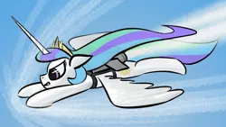 Size: 1920x1080 | Tagged: safe, artist:purblehoers, derpibooru import, princess celestia, alicorn, determined, fast, flying, horn, image, jetpack, long horn, png, shockwave, sky, solo, sonic boom, spread wings, wind, windswept mane, wings