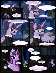 Size: 1042x1358 | Tagged: safe, artist:dendoctor, derpibooru import, mean twilight sparkle, princess twilight 2.0, twilight sparkle, twilight sparkle (alicorn), alicorn, pony, comic:clone.., the last problem, alternate universe, clone, clothes, comic, computer, crying, detonator, female, g4, glasses, gun, image, jpeg, laptop computer, older, older twilight, self paradox, self ponidox, weapon, wing hands, wings