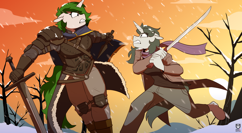 Size: 2308x1271 | Tagged: safe, artist:redxbacon, derpibooru import, oc, oc:aquaria lance, oc:baron, anthro, unicorn, armor, cape, clothes, dagger, duel, fight, image, jacket, leather armor, png, scarf, snow, snowfall, sword, weapon