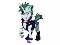 Size: 1600x1200 | Tagged: safe, artist:floots, derpibooru import, oc, oc:aquaria lance, pony, unicorn, bracelet, chains, clothes, collar, fishnets, image, jacket, jewelry, leather jacket, necklace, piercing, png, punk, solo, spikes