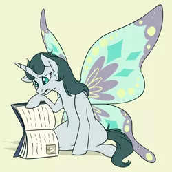 Size: 1200x1200 | Tagged: safe, artist:floots, derpibooru import, oc, oc:aquaria lance, pony, unicorn, book, butterfly wings, confused, image, png, solo, spellbook, wings