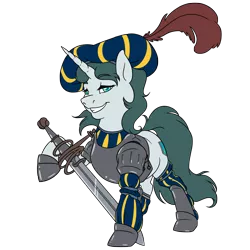 Size: 3000x3000 | Tagged: safe, artist:floots, derpibooru import, oc, oc:aquaria lance, unofficial characters only, pony, unicorn, armor, clothes, costume, hat, image, png, simple background, solo, sword, transparent background, weapon