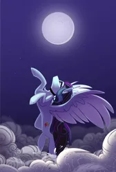 Size: 2074x3080 | Tagged: safe, artist:alrumoon_art, derpibooru import, oc, oc:rosalina skies, unofficial characters only, pegasus, pony, beautiful, butt freckles, choker, cloud, cloudy, commission, ear piercing, flying, freckles, image, moon, moonlight, night, night sky, parent:coloratura, piercing, png, purple eyes, purple sky, scenery, sky, solo, ych result