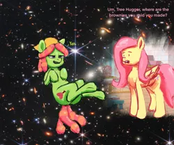 Size: 2447x2048 | Tagged: safe, artist:phutashi, derpibooru import, fluttershy, tree hugger, earth pony, pegasus, pony, atg 2022, dialogue, duo, high, image, implied drug use, implied marijuana, newbie artist training grounds, png, space