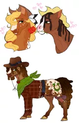 Size: 4205x6552 | Tagged: safe, artist:mysthooves, applejack, trouble shoes, oc, oc:apple roots, earth pony, pony, alternate design, bandana, belt, blaze (coat marking), clothes, coat markings, colored hooves, couple, cowboy hat, dreadlocks, facial markings, feather, feather in hair, female, floating heart, flower, freckles, gradient mane, green eyes, hat, heart, image, looking at each other, male, mare, mouth hold, next generation, nudity, offspring, parent:applejack, parent:troubleshoes clyde, parents:troublejack, plaid shirt, png, rose, sheath, shipping, shirt, simple background, smiling, stallion, standing, straight, troublejack, twitterina design, white background