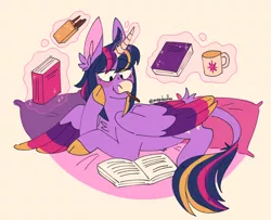 Size: 1280x1040 | Tagged: safe, artist:ponydoodles, twilight sparkle, twilight sparkle (alicorn), alicorn, pony, alternate design, book, colored ears, colored hooves, colored wings, facial markings, female, image, leonine tail, levitation, lying down, magic, magic aura, mare, mug, multicolored wings, open book, pillow, png, reading, simple background, solo, telekinesis, twitterina design, wings