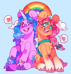 Size: 2798x2899 | Tagged: safe, artist:cocopudu, derpibooru import, izzy moonbow, sunny starscout, earth pony, pony, unicorn, blue background, chest fluff, cute, duo, female, g5, image, izzybetes, jpeg, mare, one eye closed, open mouth, open smile, pictogram, rainbow, simple background, smiling, sunnybetes, unshorn fetlocks, wink
