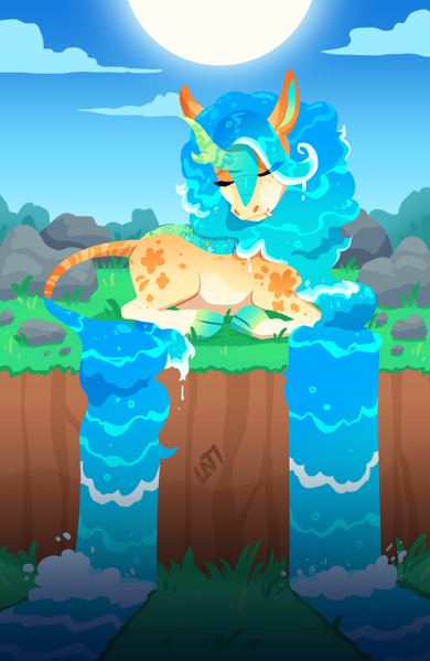 Size: 520x800 | Tagged: safe, artist:lastnight-light, derpibooru import, oc, oc:starfruit surf, unofficial characters only, kirin, image, lying down, png, prone, quadrupedal, solo, water