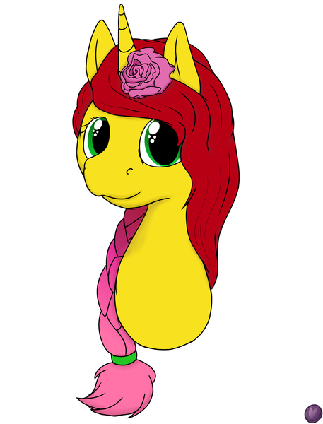 Size: 1560x2048 | Tagged: safe, artist:terminalhash, derpibooru import, oc, oc:rouzfirecarrot, unofficial characters only, pony, unicorn, flower, flower in hair, image, png, rose, simple background, solo, white background