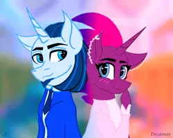 Size: 999x800 | Tagged: safe, artist:decokenite, derpibooru import, chancellor neighsay, fizzlepop berrytwist, tempest shadow, pony, unicorn, big ears, clothes, coat, duo, duo male and female, female, floppy ears, heart, hong cha-young, hoof over mouth, image, jacket, lawyer, looking at something, looking at you, mafia, male, mare, necktie, park joo-hyeong, png, signature, smiling, smiling at you, stallion, suit, tuxedo, vincenzo, vincenzo cassano