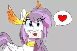 Size: 1500x1000 | Tagged: safe, artist:thebatfang, oc, oc:athena, oc:athena (shawn keller), pony, female, gray background, heart, image, letter, mouth hold, png, simple background, solo, speech bubble, wings