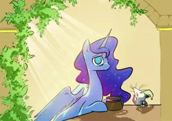 Size: 2752x1942 | Tagged: safe, artist:adamscage, derpibooru import, princess luna, tiberius, alicorn, opossum, pony, bags under eyes, coffee, coffee pot, crepuscular rays, duo, female, hat, image, jpeg, male, mare, nightcap, no pony, smiling, tired, yawn