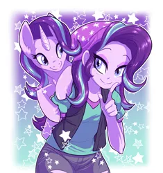 Size: 1709x1818 | Tagged: safe, artist:fizzy-dog, derpibooru import, starlight glimmer, pony, unicorn, equestria girls, beanie, clothes, hat, image, jpeg, self paradox, self ponidox, smiling