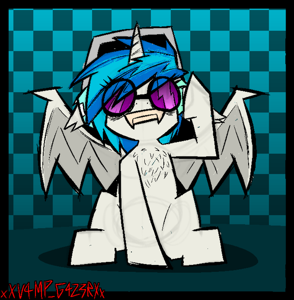 Size: 1360x1386 | Tagged: safe, artist:xxv4mp_g4z3rxx, derpibooru import, vinyl scratch, bat pony, bat pony unicorn, hybrid, pony, unicorn, bags under eyes, bat ponified, bat wings, blue background, checkered background, chest fluff, fangs, female, front view, headphones, horn, image, looking up, mare, png, race swap, signature, simple background, smiling, solo, solo female, spread wings, two toned mane, vinyl's glasses, white coat, wings
