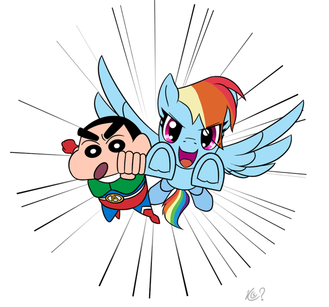 Size: 1112x1037 | Tagged: safe, artist:questionmarkdragon, derpibooru import, rainbow dash, human, pegasus, pony, :d, clothes, crayon shin-chan, crossover, duo, eyelashes, female, flying, image, mare, open mouth, open smile, png, shinchan, signature, simple background, smiling, underhoof, white background