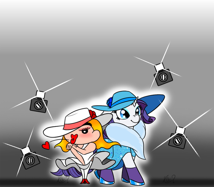 Size: 1142x999 | Tagged: safe, artist:questionmarkdragon, derpibooru import, rarity, human, pony, unicorn, camera, clothes, crayon shin-chan, crossover, dress, duo, female, gradient background, hat, hoof shoes, image, mare, png, shinchan, smiling, sun hat