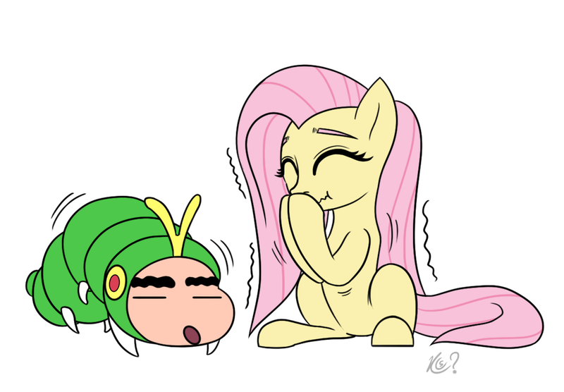 Size: 1163x808 | Tagged: safe, artist:questionmarkdragon, derpibooru import, fluttershy, caterpillar, human, pegasus, pony, clothes, costume, crayon shin-chan, crossover, duo, female, image, laughing, mare, png, shinchan, shinnosuke nohara, simple background, white background, wingless