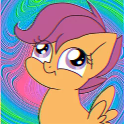 Size: 768x768 | Tagged: safe, artist:namaenonaipony, derpibooru import, scootaloo, pegasus, pony, abstract background, bust, cross-eyed, derp, eye clipping through hair, female, filly, foal, image, jpeg, solo, wings