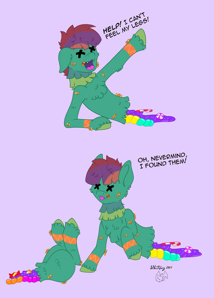 Size: 919x1280 | Tagged: safe, artist:zackwhitefang, derpibooru import, oc, unofficial characters only, earth pony, pony, candy, candy gore, commission, dialogue, digital art, food, gore, image, jpeg, open mouth, piñata, simple background, tail, talking, text, x eyes