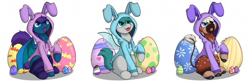 Size: 1280x427 | Tagged: safe, artist:zackwhitefang, derpibooru import, oc, unofficial characters only, bat pony, changeling, pony, :p, bat pony oc, bat wings, changeling oc, clothes, commission, costume, cute, digital art, easter, easter egg, holiday, image, jpeg, looking at you, simple background, sitting, tail, tongue out, wings