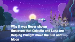 Size: 1280x720 | Tagged: safe, derpibooru import, edit, edited screencap, screencap, princess celestia, princess luna, alicorn, pony, between dark and dawn, canterlot, canterlot castle, castle, female, flying, image, jpeg, mare, moon, night, sun, tree