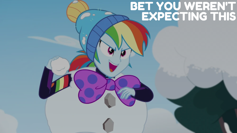 Size: 1920x1080 | Tagged: safe, derpibooru import, edit, edited screencap, editor:quoterific, screencap, rainbow dash, equestria girls, equestria girls series, holidays unwrapped, spoiler:eqg series (season 2), clothes, costume, female, image, open mouth, open smile, png, saving pinkie's pie, smiling, snow, snowball, snowball fight, solo, text, tree