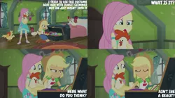 Size: 4400x2475 | Tagged: safe, derpibooru import, edit, edited screencap, editor:quoterific, screencap, applejack, fluttershy, bird, chicken, costume conundrum, costume conundrum: applejack, equestria girls, equestria girls series, spoiler:eqg series (season 2), applejack's hat, belt, boots, clothes, cowboy boots, cowboy hat, cutie mark, cutie mark on clothes, denim, denim skirt, duo, duo female, eyes closed, female, geode of super strength, hat, image, jewelry, magical geodes, necklace, open mouth, png, sandals, shoes, skirt, smiling, text