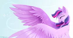 Size: 9448x4961 | Tagged: safe, artist:muffinkarton, edit, twilight sparkle, pegasus, pony, 2020, absurd file size, absurd resolution, crying, ear fluff, eyes closed, female, hornless edit, image, large wings, laughing, mare, old art, pegasus twilight sparkle, png, profile, race swap, solo, spread wings, tears of joy, tears of laughter, teary eyes, wind, wings
