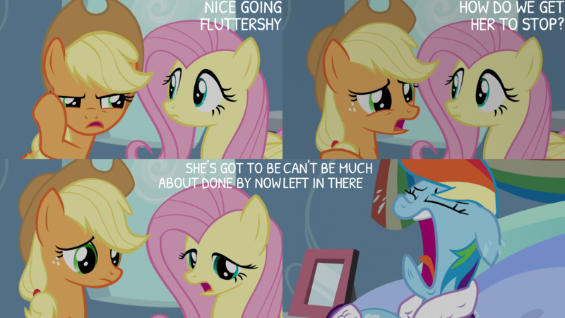 Size: 4400x2475 | Tagged: safe, derpibooru import, edit, edited screencap, editor:quoterific, screencap, applejack, fluttershy, rainbow dash, earth pony, pegasus, pony, season 5, tanks for the memories, applejack's hat, cowboy hat, crying, eyes closed, female, floppy ears, hat, image, mare, open mouth, png, rainbow dash's house, sad, text, trio