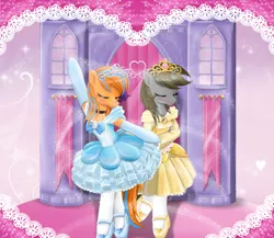 Size: 3000x2600 | Tagged: safe, artist:avchonline, derpibooru import, oc, oc:cold front, oc:disty, unofficial characters only, anthro, pegasus, pony, unicorn, background, ballerina, ballet, clothes, crossdressing, dancing, dress, gloves, image, jewelry, png, shoes, tiara, tights, tutu