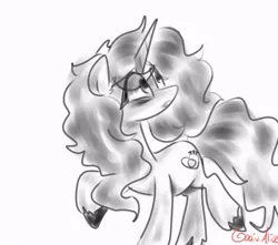 Size: 738x653 | Tagged: safe, artist:alicedrawing13, derpibooru import, izzy moonbow, pony, unicorn, eye clipping through hair, female, g5, grayscale, horn, image, jpeg, mare, monochrome, raised hoof, raised leg, simple background, solo, white background