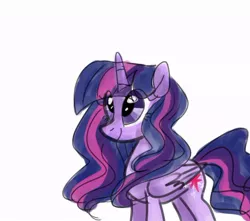 Size: 738x653 | Tagged: safe, artist:alicedrawing13, derpibooru import, twilight sparkle, twilight sparkle (alicorn), alicorn, pony, alternate hairstyle, eye clipping through hair, female, folded wings, horn, image, jpeg, mare, simple background, solo, white background, wings